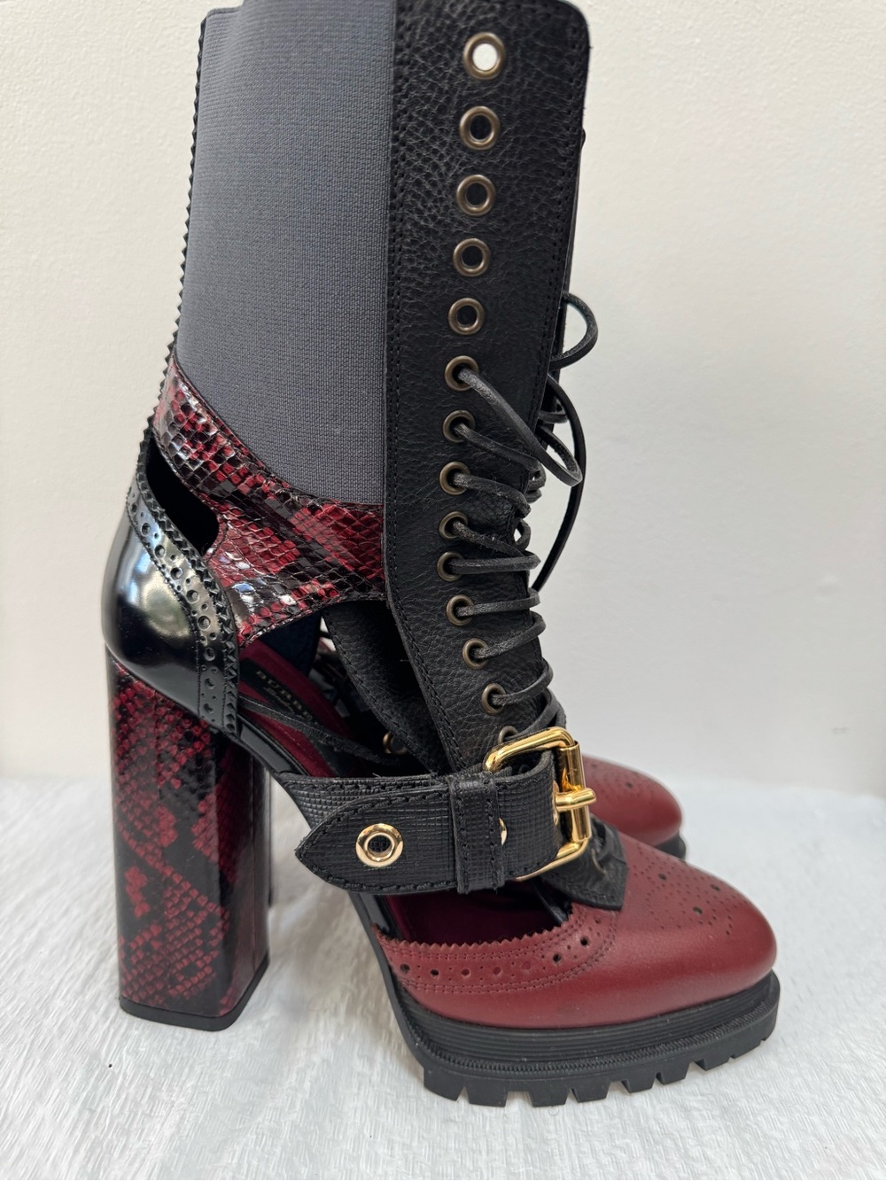 Burberry x Barneys New York Cut-Out Leather Snakeskin Platform Boots